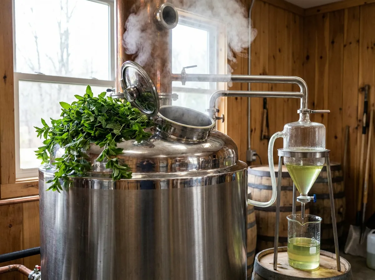 Stainless steam still charged with cut peppermint in a working craft distillery
